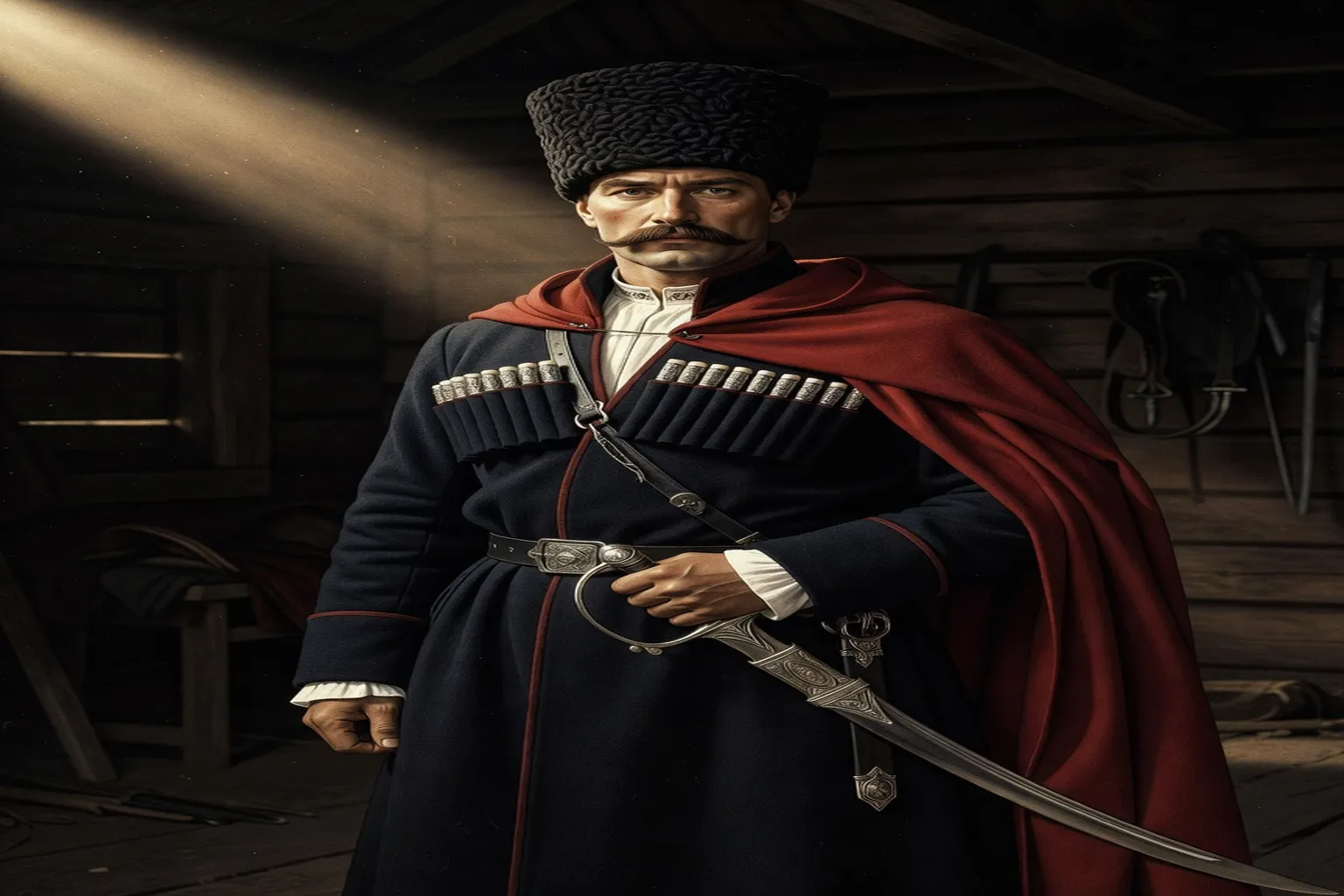 Cavalier cosaque en tenue de cérémonie portant la chachka