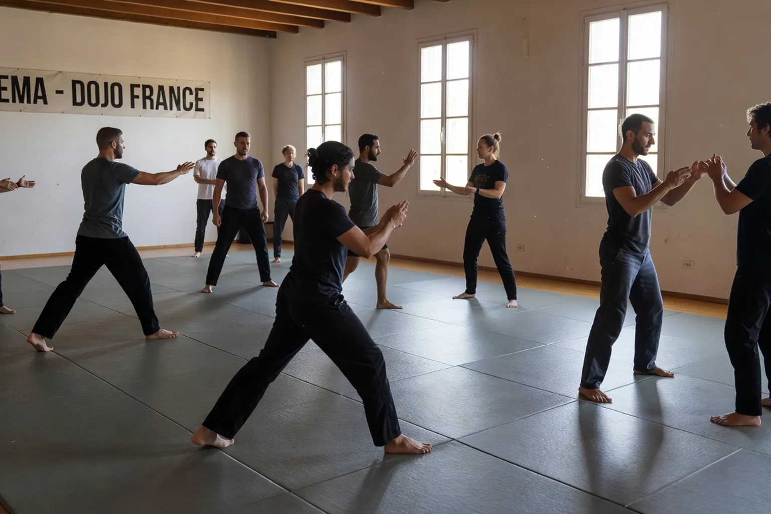 Salle d'arts martiaux d'une association Systema en France, élèves à l'entraînement