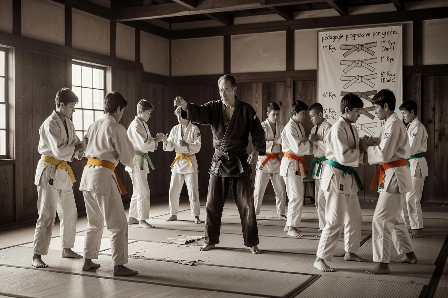 Débutants pratiquant le Judo en club, pédagogie progressive par grades