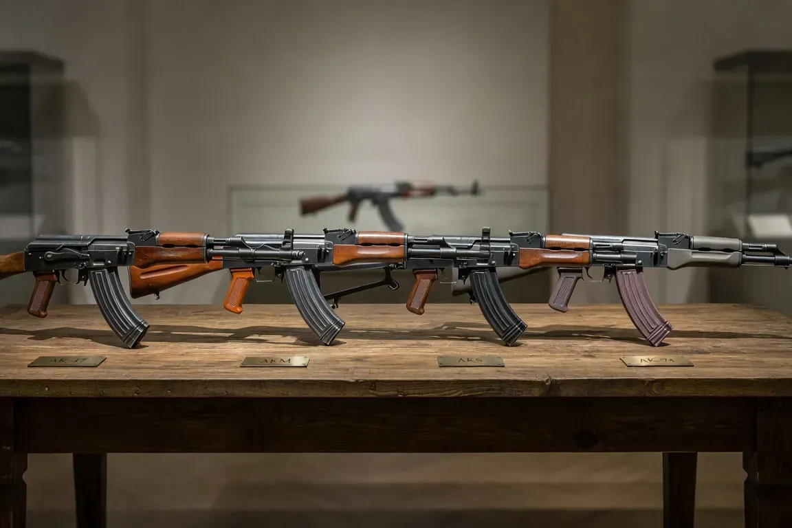Variantes de la famille Kalachnikov AK-47, AKM, AK-74 et AK-12 cote a cote