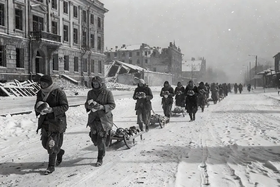 Famine et hiver a Leningrad 1941-1942, survivants dans les rues enneigees assiegees