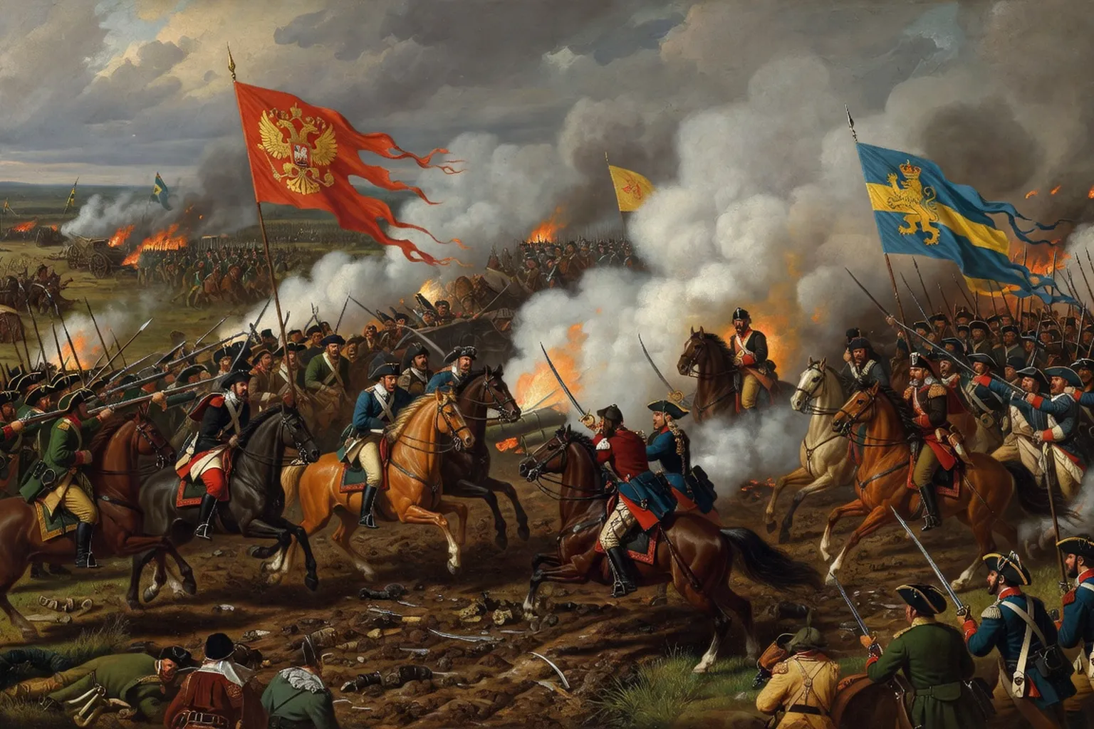 Reconstitution artistique de la bataille de Poltava 1709, cavaleries russe et suédoise
