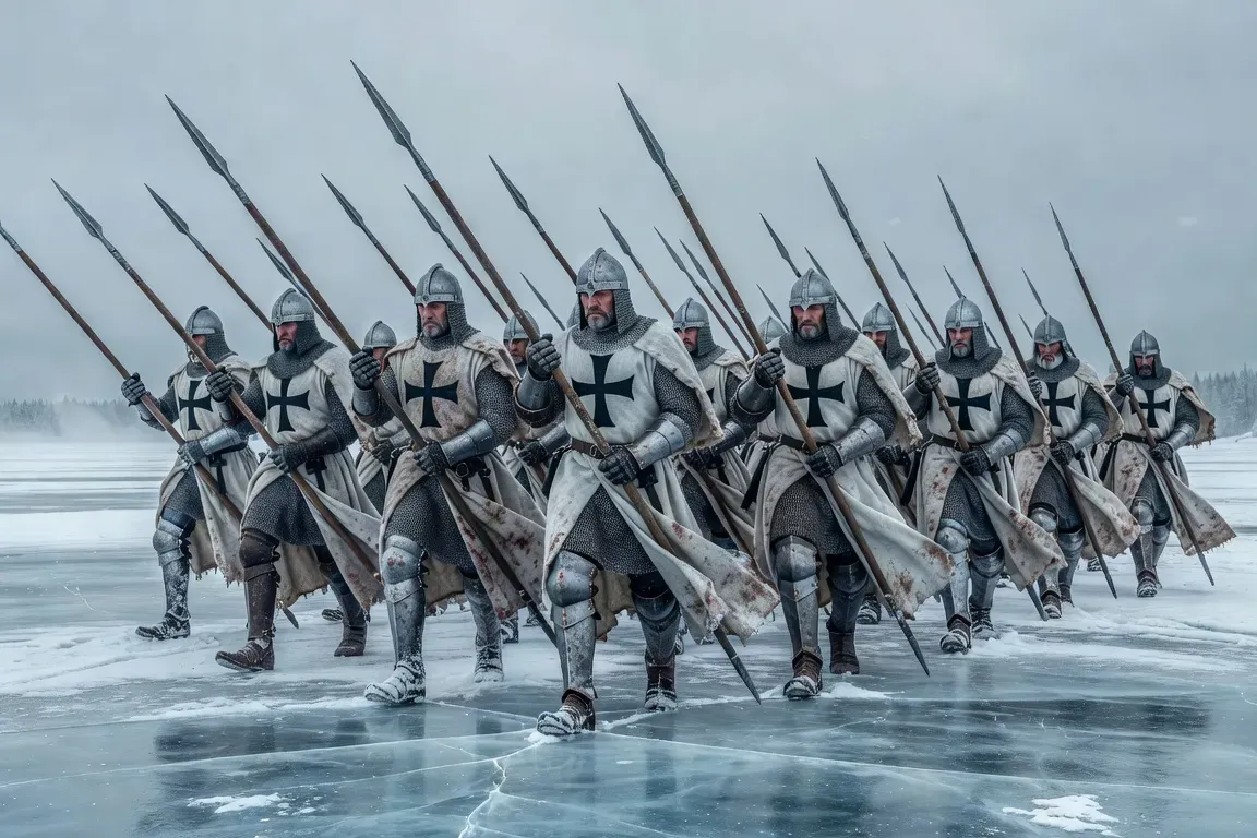 Chevaliers teutoniques en armure blanche avec croix noires marchant sur la glace gelée