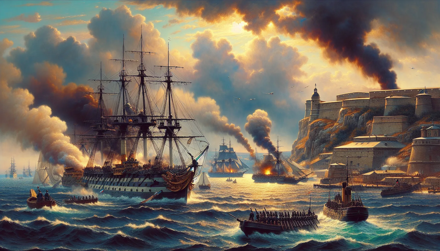 Defense navale russe en Crimee avec navires sabordees dans la rade de Sebastopol